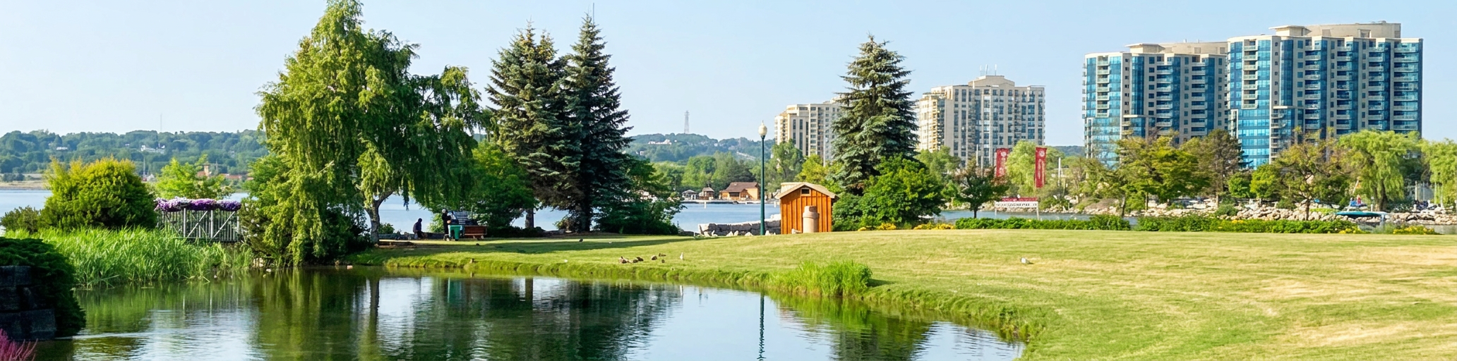 Waterfront park and condo towers along the Barrie, Ontario shoreline