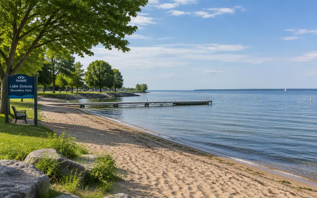 Sandy Lake Simcoe beach and dock in Innisfil, Ontario