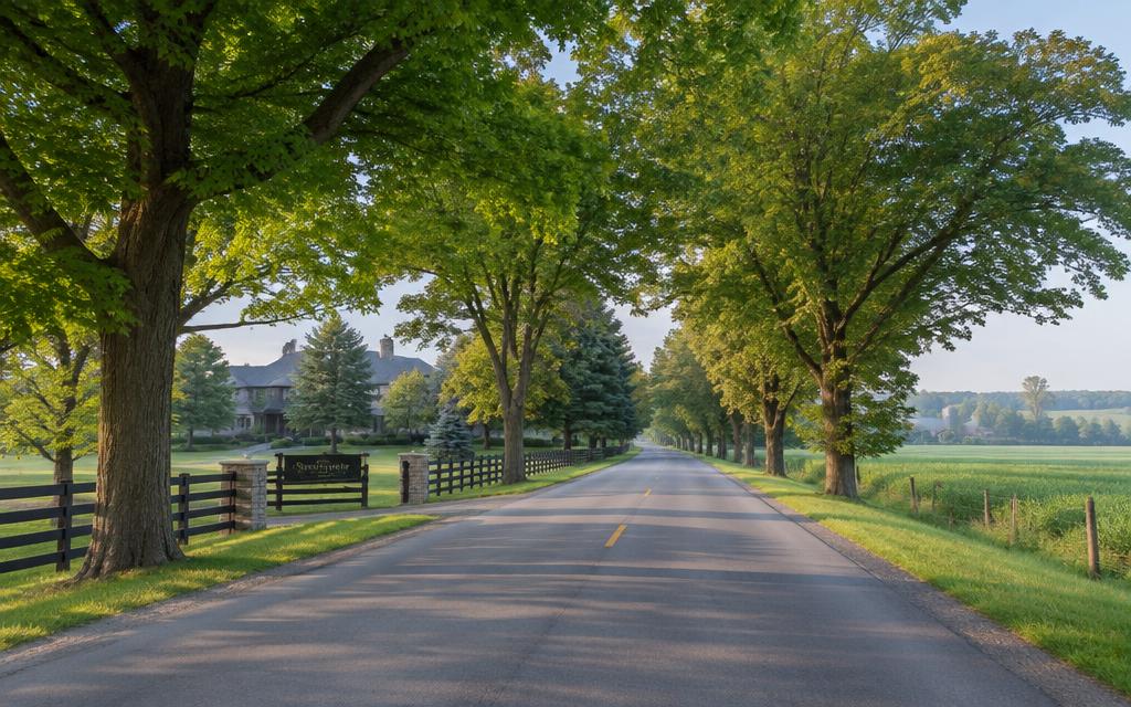 Tree-lined country road past estate lots in Springwater Township, Ontario